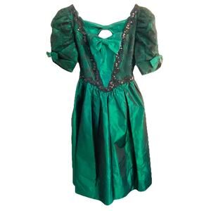 VTG 90s Emerald Green Taffeta Dress Sweetheart Formal Bow Goth Dark Formal Lace